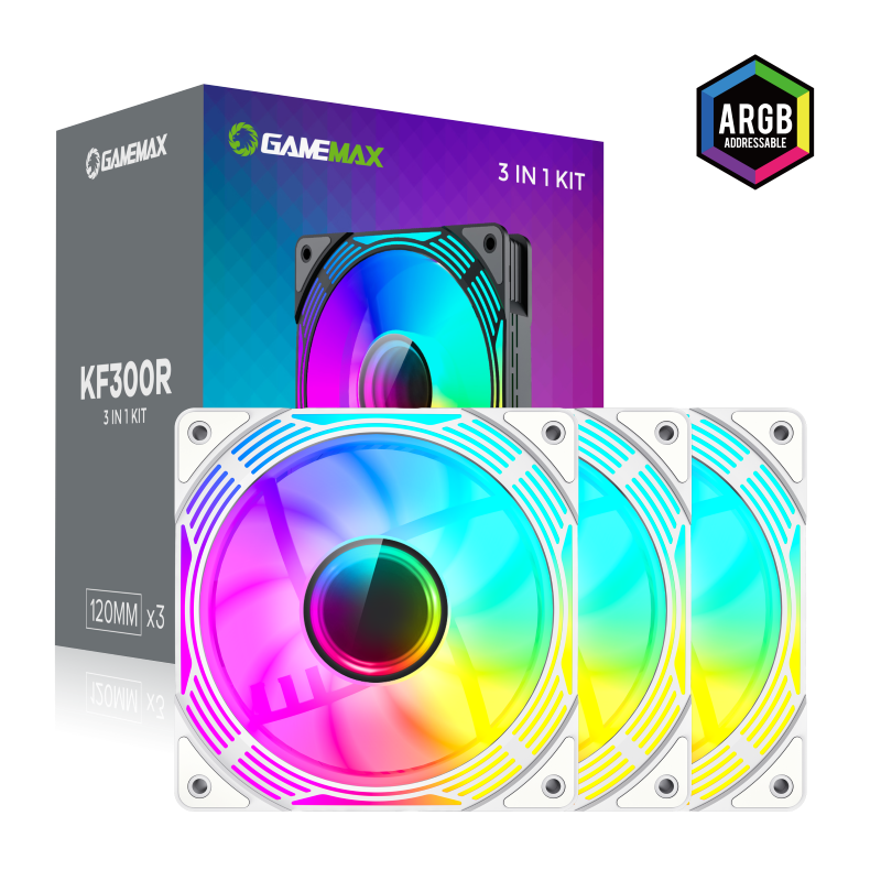 GameMax KF300R WH 120mm White frame ARGB Fan 3 in 1 Kit Cooling GameMax KF300R WH 120mm White frame ARGB Fan 3 in 1 Kit Cooling